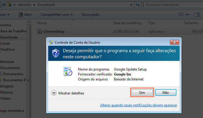 Autorizando a instala??o do Google Chrome no Windows (Foto: Reprodu??o/Edivaldo Brito)