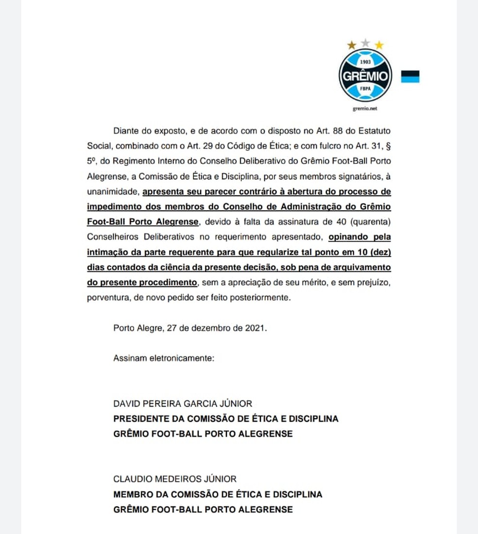 Decisão de comissão do Conselho do Grêmio sobre pedido de impeachment — Foto: Arquivo pessoal