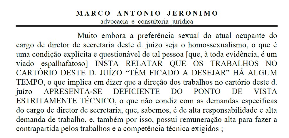 Trecho da petição do advogado Marco Antônio Jerônimo. — Foto: Reprodução