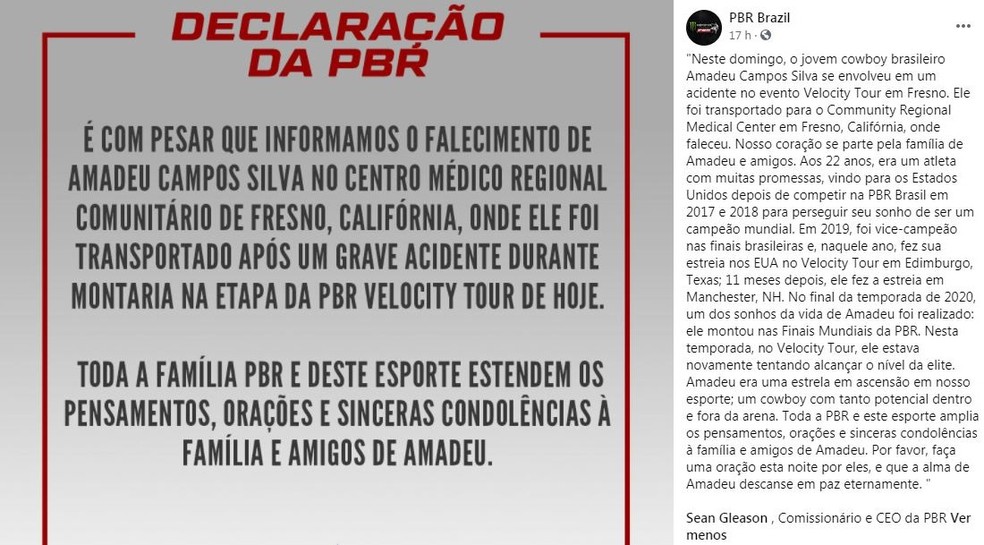 PBR Brasil lamentou a morte dos jovem nas redes sociais — Foto: Reprodução/Facebook