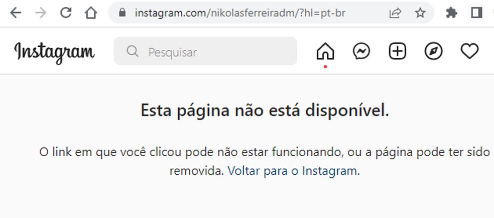 Aviso de que conta de Nikolas Ferreira está indisponível no Instagram — Foto: Reprodução/Instagram