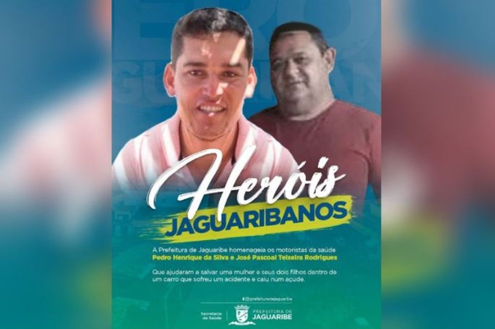 A prefeitura de Jaguaribe homenageou os dois homens que resgataram uma mãe e dois bebês gêmeos de acidente em açude. — Foto: Reprodução/Prefeitura de Jaguaribe