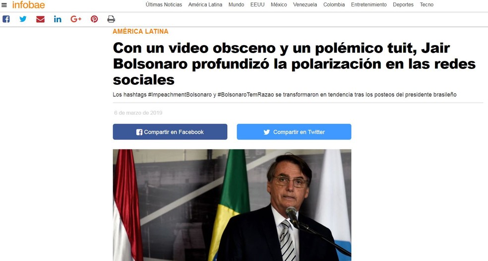 Site Infobae contou a história do 'golden shower' — Foto: Reprodução/Infobae