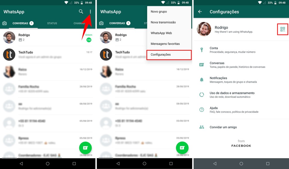 Acessando as configurações do WhatsApp para visualizar seu QR Code — Foto: Reprodução/Rodrigo Fernandes