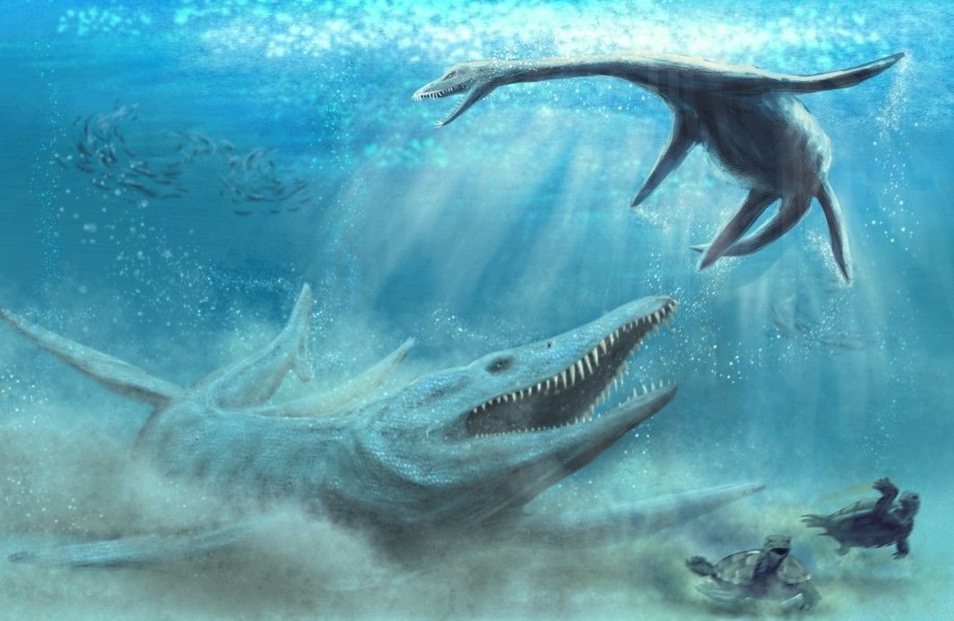Representação artística do pliossauro, enorme réptil marinho que viveu no Jurássico, atacando tartarugas e outros répteis  (Foto: Divulgação/ Ministry Of Science and Higher Education of Poland )