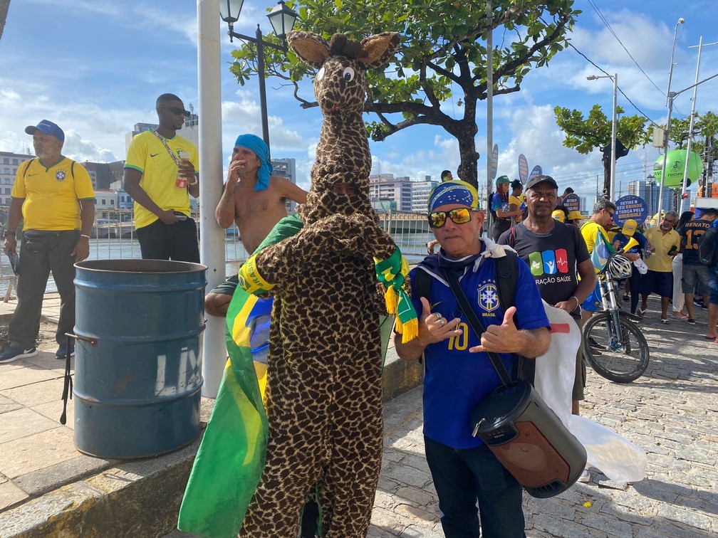 Fantasia de girafa chamou atenção no Cais da Alfândega, no Recife, durante transmissão de jogo do Brasil — Foto: Paulo Veras/g1