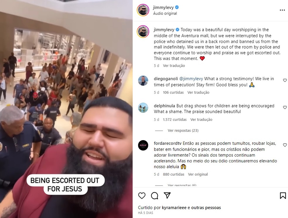 Polícia bane cantor gospel bolsonarista de shopping em Miami — Foto: Reprodução/ Instagram