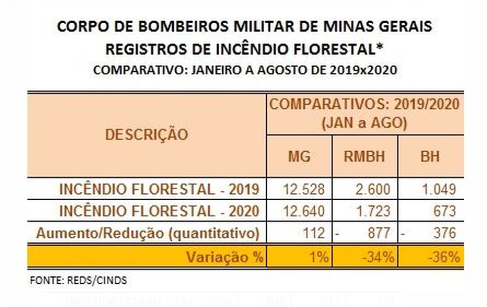 Comparativo de incêndios florestais de janeiro a agosto, de 2019 e 2020 — Foto: Corpo de Bombeiros/Divulgação
