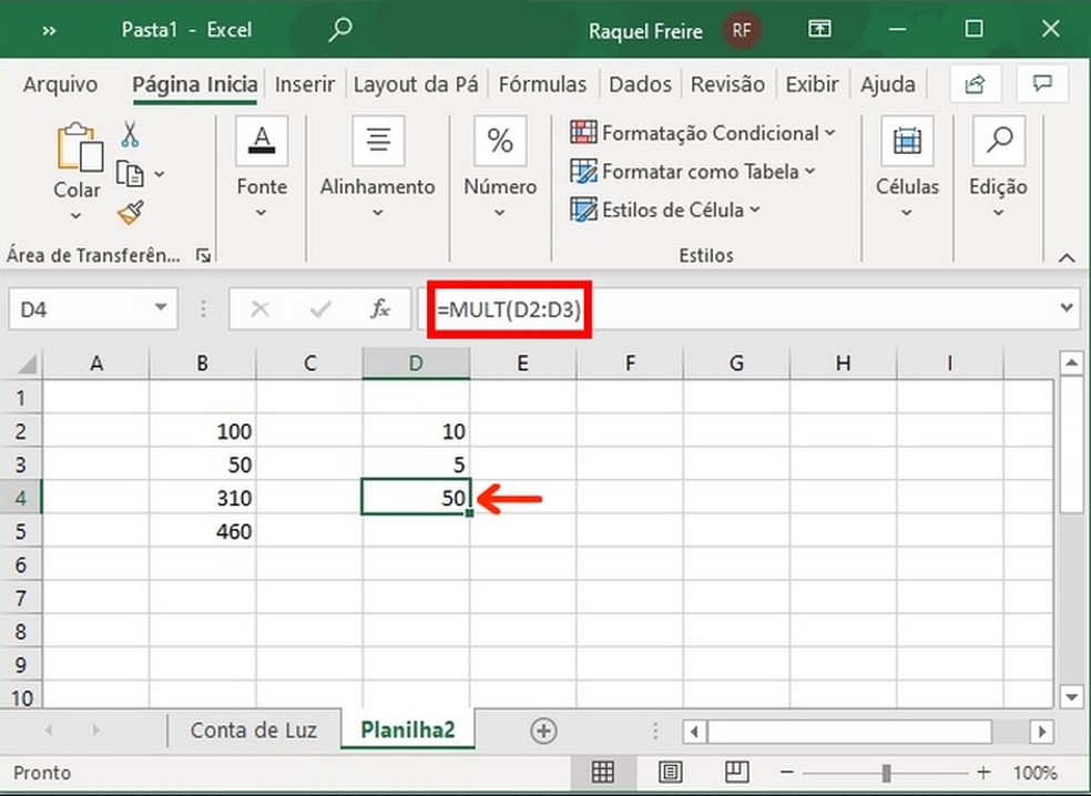 Como usar o Excel: inserção manual da função de multiplicação — Foto: Reprodução/Raquel Freire