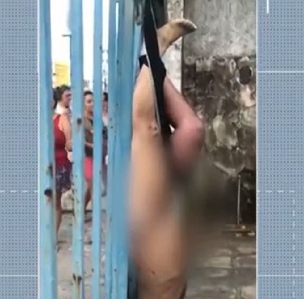 Homem ficou pendurado e praticamente nu ao tentar pular portão de casa em Natal — Foto: Reprodução