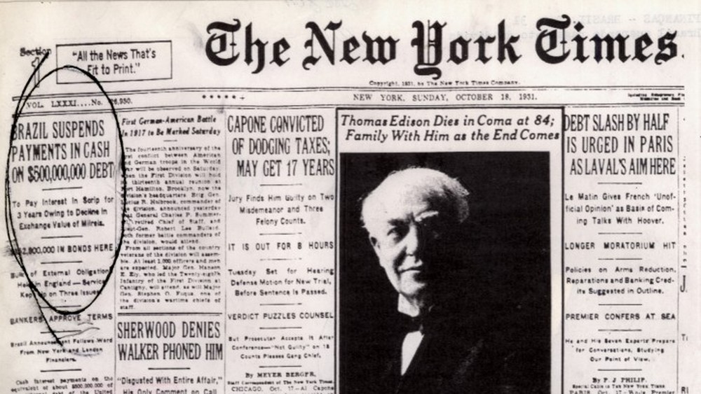 Capa do New York Times, de outubro de 1931, anunciando calote da dívida externa brasileira