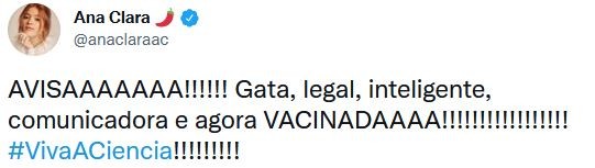 Ana Clara Lima se vacina contra a Covid e celebra na web (Foto: Reprodução / Twitter)