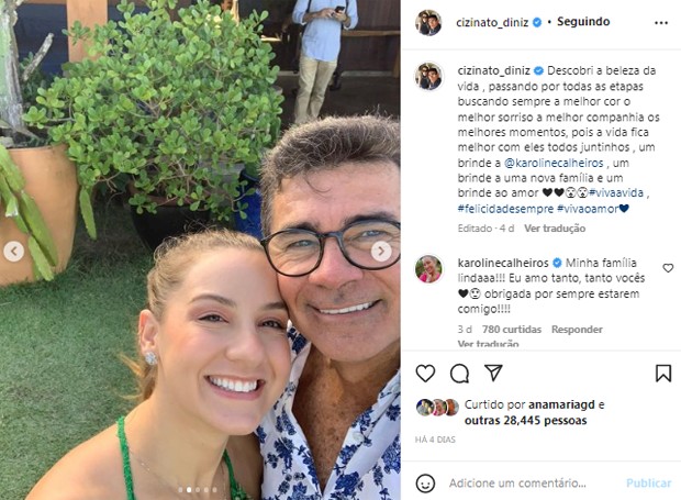 Cizinato Diniz, pai de Gabriel Diniz (1990-2019), parabeniza a ex-nora Karoline Calheiros, que se casou com Tom Santos (Foto: Reprodução/Instagram)