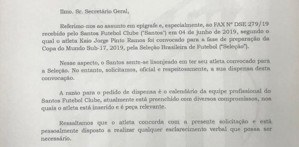 Na carta, Santos fala da relevância de Kaio Jorge para o time. Ele atuou por 19 minutos pelo Santos no Brasileiro — Foto: Reprodução