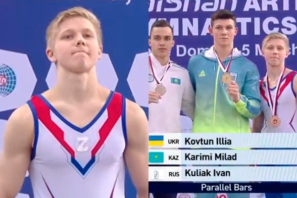 Ivan KuliakI com o Z estampado no peito em pódio dividido com atletas llia Kovtun, da Ucrânia, e Milad Karimi, do Cazaquistão (Foto: reprodução)