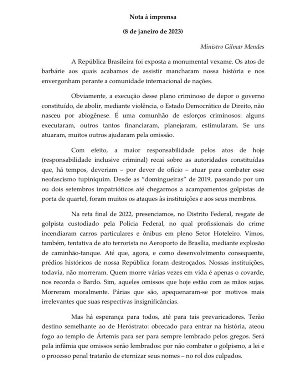 Manifestação do ministro Gilmar Mendes sobre invasão da Esplanada. — Foto: Reprodução