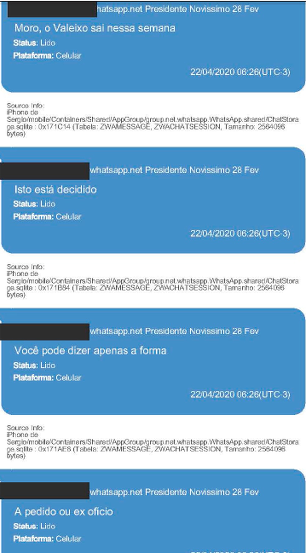Mensagens enviadas pelo presidente Jair Bolsonaro ao ministro da Justiça, Sergio Moro — Foto: Reprodução
