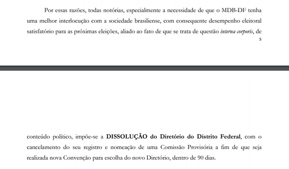 Trecho de pedido que pede a dissolução do diretório do MBD-DF — Foto: Reprodução