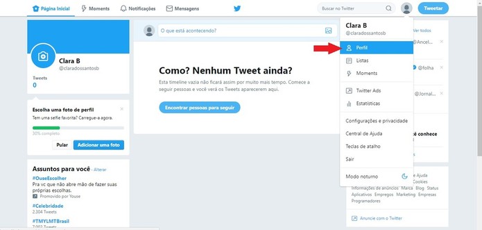 A foto de perfil no canto superior esquerdo é onde fica localizado o Menu do Twitter (Foto: Reprodução/Clara Barreto) A foto de perfil no canto superior esquerdo é onde fica localizado o Menu do Twitter (Foto: Reprodução/Clara Barreto)