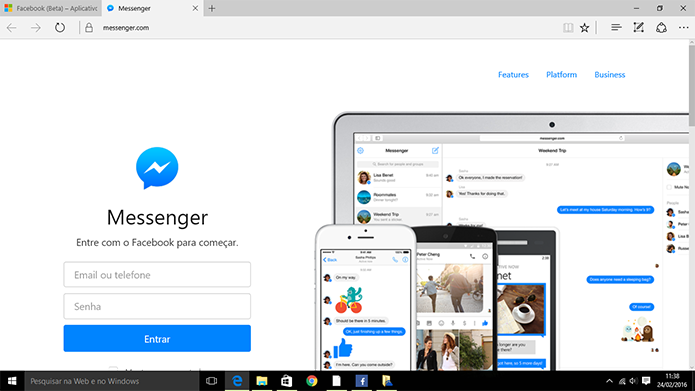 Facebook para Windows 10 só pode enviar mensagem através do Messenger (Foto: Reprodução/Elson de Souza)
