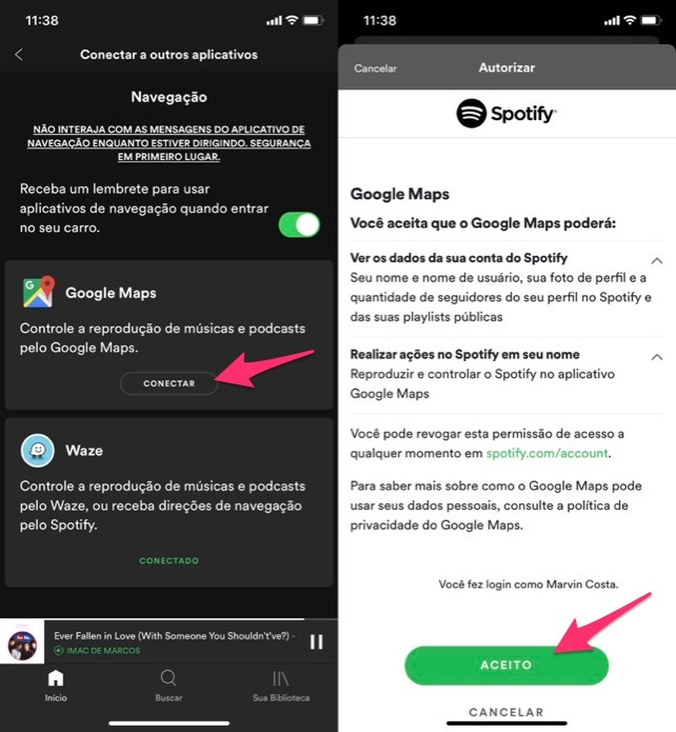 Ação para autorizar o uso do Spotify em uma conta do Google Maps — Foto: Reprodução/Marvin Costa