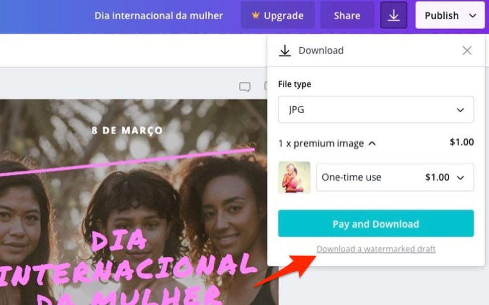 Ação para salvar no computador um cartaz criado com o serviço online Canva — Foto: Reprodução/Marvin Costa