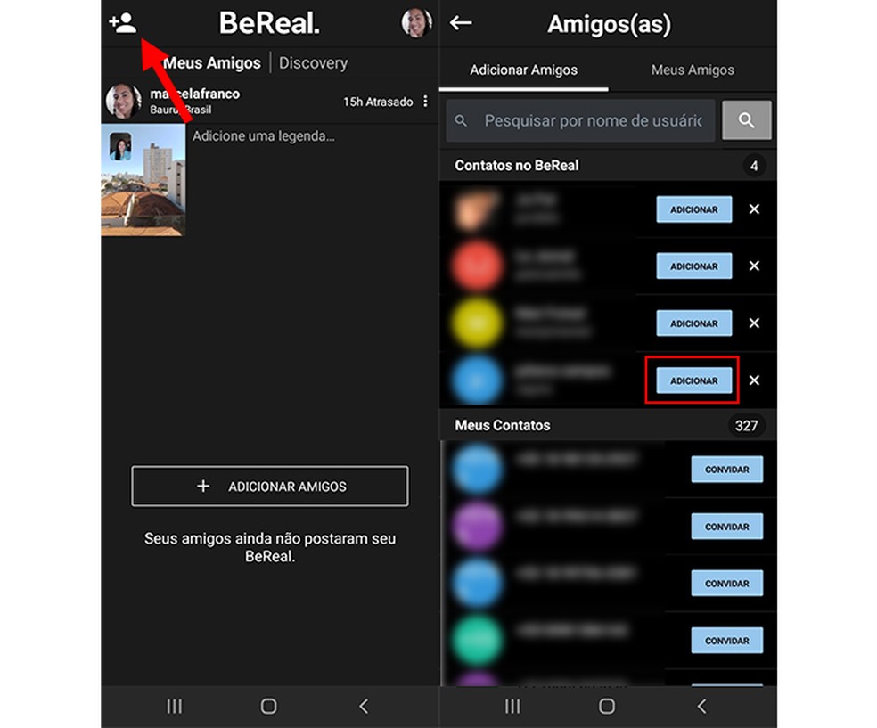 Ação para adicionar amigos no BeReal — Foto: Reprodução/Marcela Franco