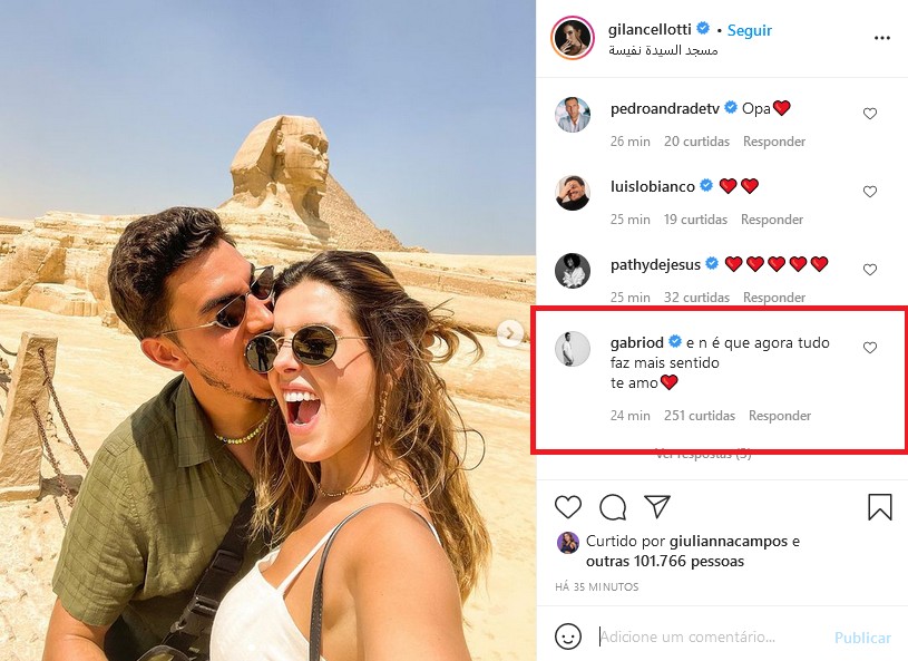 Gabriel David se declara a Giovanna Lancellotti em post (Foto: Reprodução Instagram)