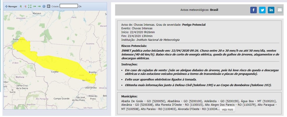 Inmet e Defesa Civil emitem alerta de chuvas intensa no DF — Foto: Inmet/Reprodução