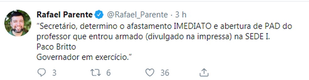 O secretário de Educação do DF, Rafael Parente, publicou determinação nas redes sociais — Foto: Twitter/Reprodução