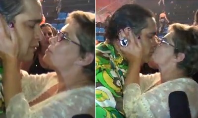 Tiago recebe o carinho da mãe, Cintia Abravanel (Foto: Domingão do Faustão / TV Globo)
