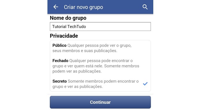 Tela de definição do nome e privacidade do grupo do Facebook (Foto: Reprodução/ Raquel Freire)