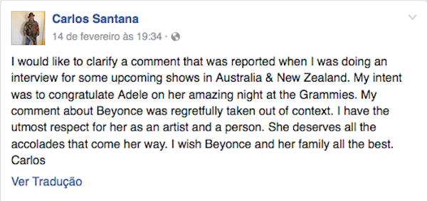 As desculpas de Carlos Santana a Beyoncé (Foto: Facebook)