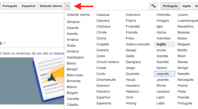 Escolhendo um idioma de entrada no Google Tradutor (Foto: Reprodução/Marvin Costa)