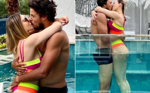 Sheila Mello dá beijão no namorado em piscina: "Com esse moreno do meu lado"
