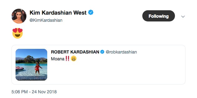 O post de Kim Kardashian compartilhando a foto em que Rob Kardashian comparou sua filha à personagem Moana (Foto: Twitter)