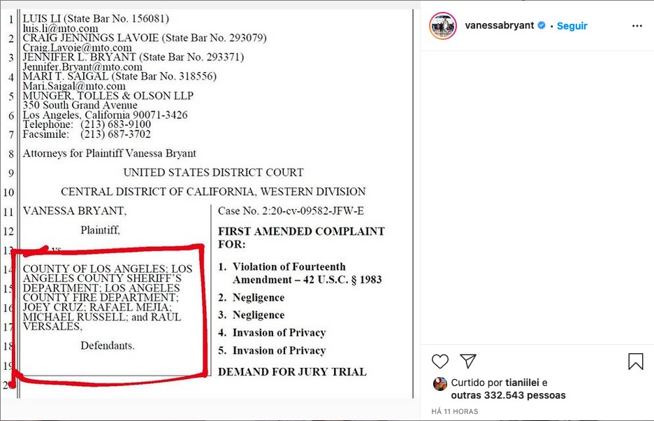 O post de Vanessa Bryant no Instagram com os nomes dos policiais de Los Angeles que divulgaram e compartilharam as fotos dos corpos do marido, Kobe Bryant, e da filha após o acidente de helicóptero que matou os dois e mais sete pessoas em janeiro de 2020 (Foto: Instagram)