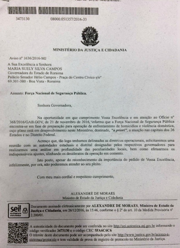 Resposta do MJ que negou envio da força nacional a Roraima (Foto: Emily Costa/ G1 RR)