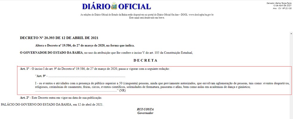 Decreto do governo da Bahia libera realização de eventos com público de até 50 pessoas — Foto: Reprodução/TV Bahia