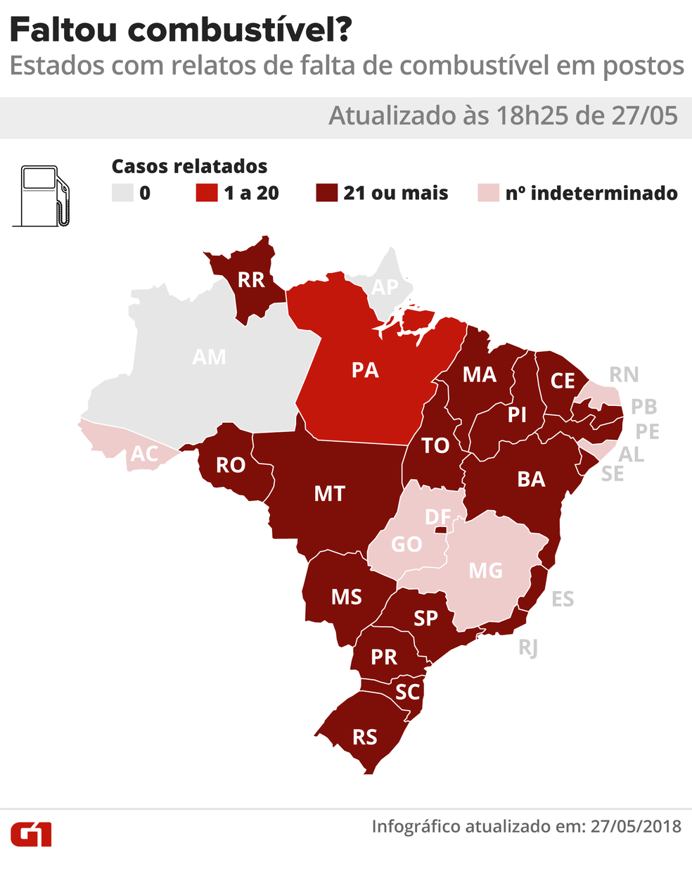 Mapa com os estados com falta de combustível (Foto: Igor Estrella/G1)