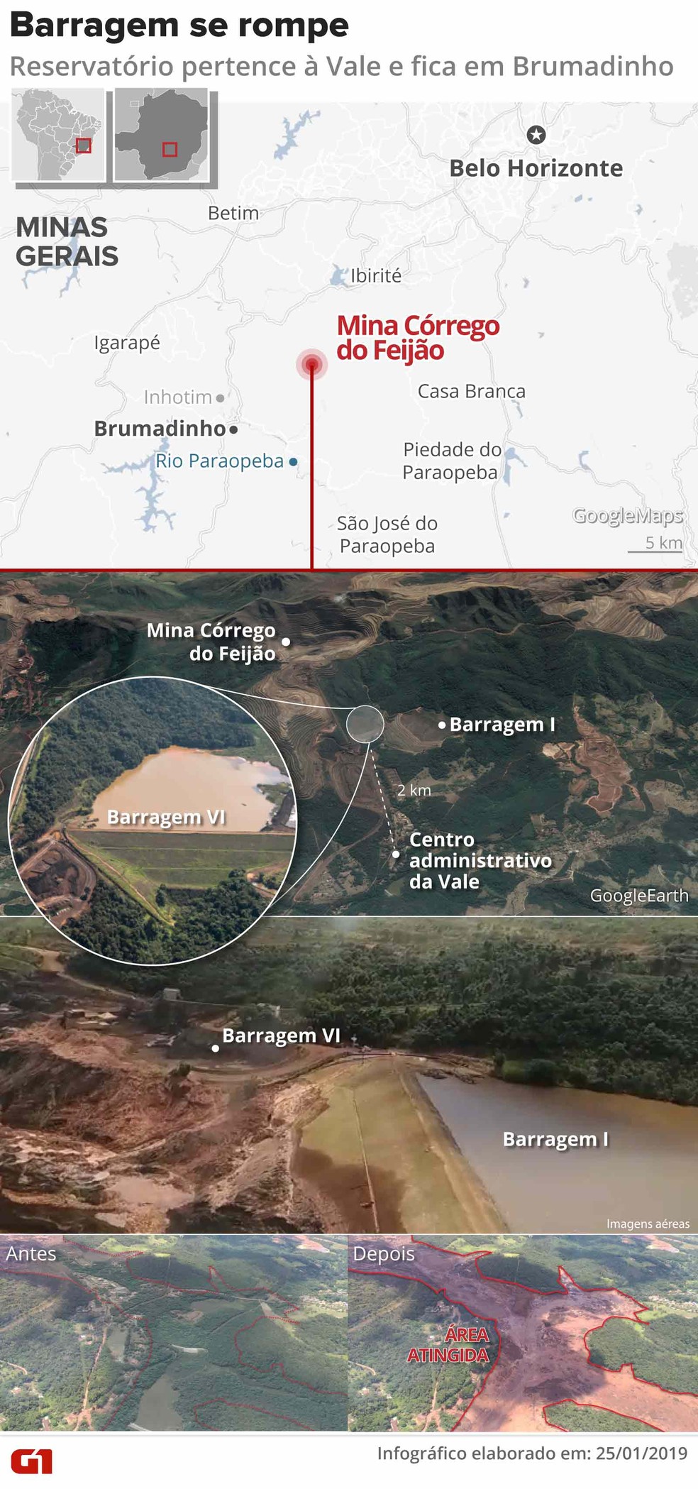 Rompimento de barragem da Vale no CÃ³rrego do FeijÃ£o, em Brumadinho (MG) â Foto: G1 