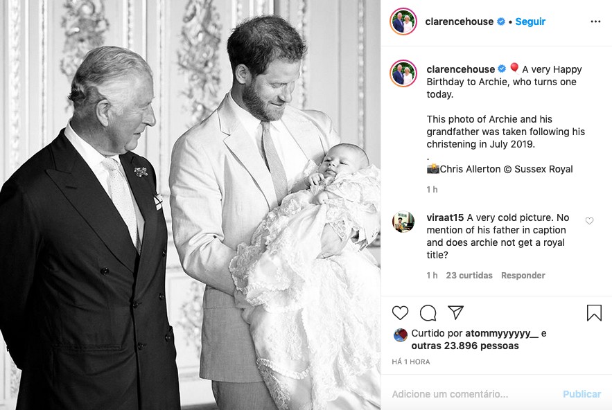 O post na conta do Príncipe Charles no Instagram celebrando o primeiro aniversário do neto Archie, filho do Príncipe Harry com a atriz Meghan Markle (Foto: Instagram)
