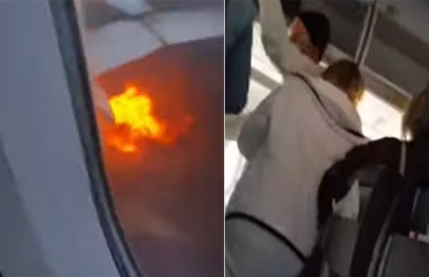 Passageiros são retirados de avião em chamas após motor ser atingido por pássaro (Foto: Reprodução /YouTube)