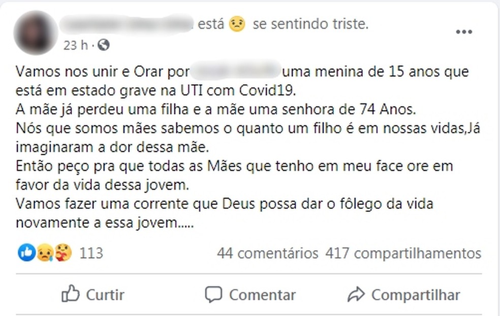 Usu?rios pedem ora?es para irm? de jovem que morreu de Covid-19 em Mar?lia ? Foto: Facebook/Reprodu??o