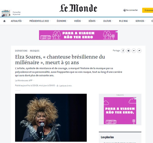 Morte de Elza Soares repercute no Le Monde (Foto: Reprodução)
