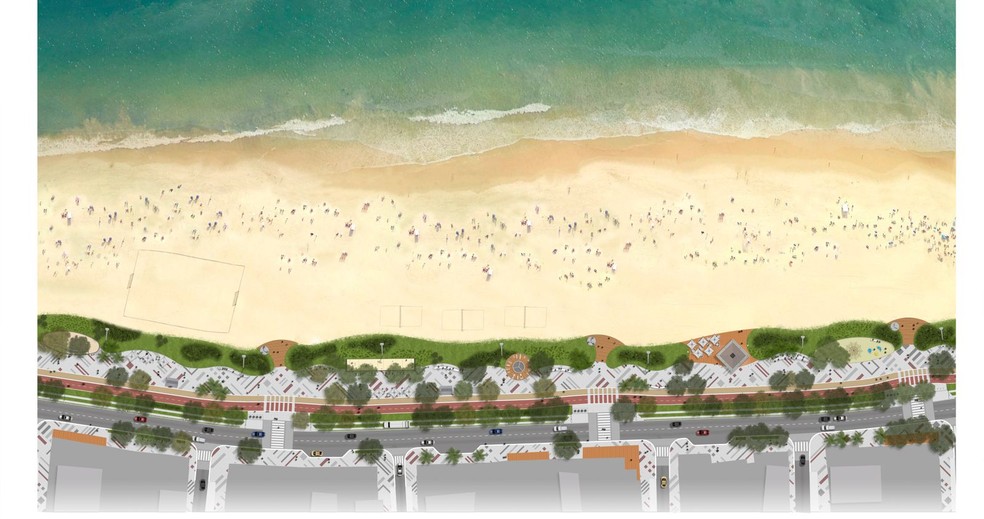 Projeto de reurbanizao da Praia Central, em Balnerio Cambori, com viso area mostrando calado e restinga  Foto: PMBC/Divulgao