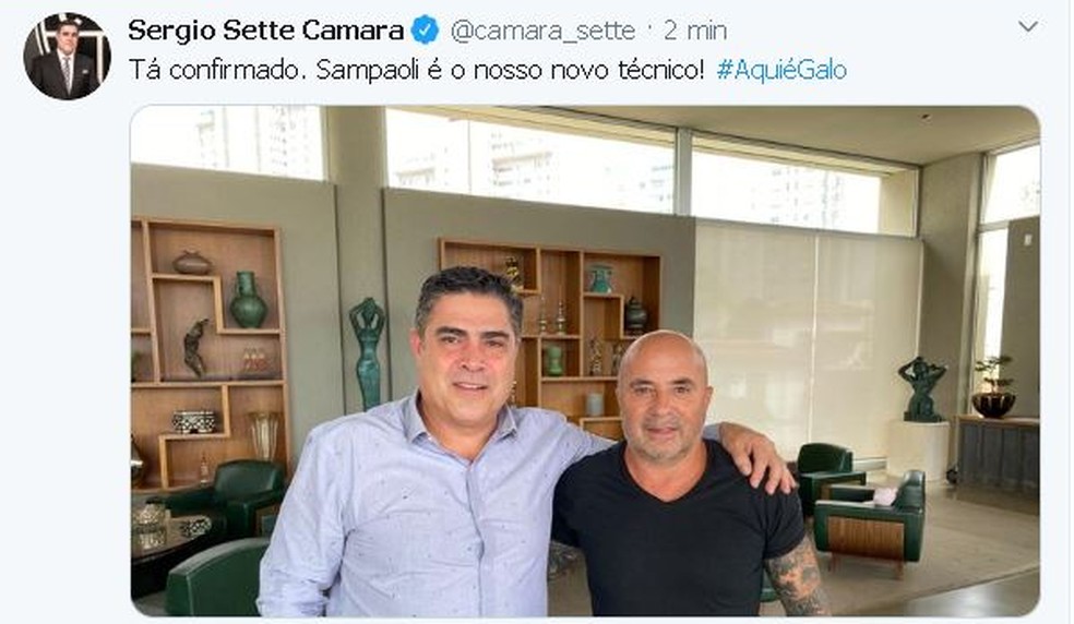 Sérgio Sette Câmara tuíta contratação do técnico Sampaoli — Foto: Reprodução / Twitter