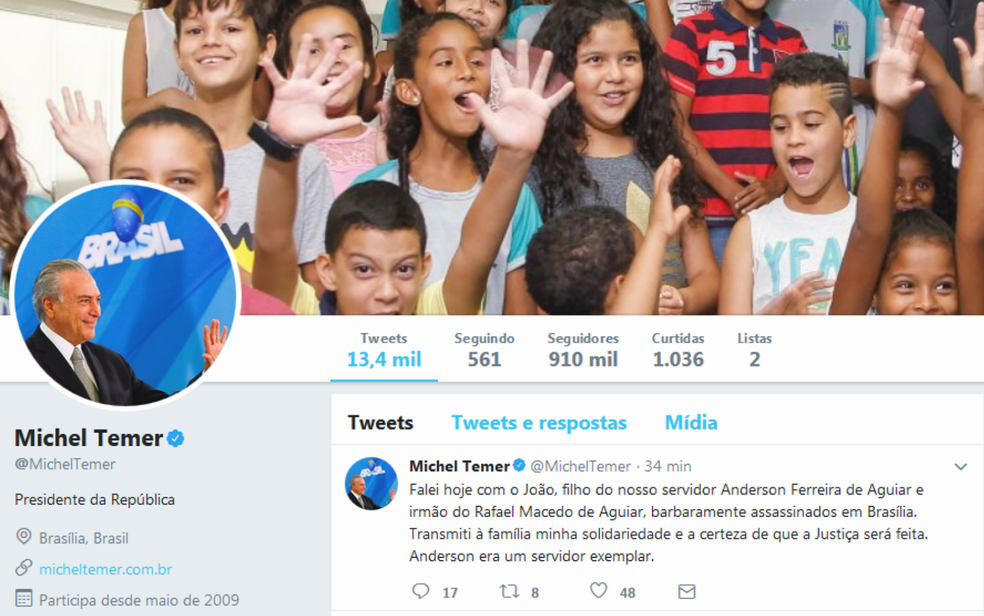 Presidente Michel Temer comenta morte de servidor da presidência e do filho em assassinato no DF  (Foto: Twitter/Reprodução)
