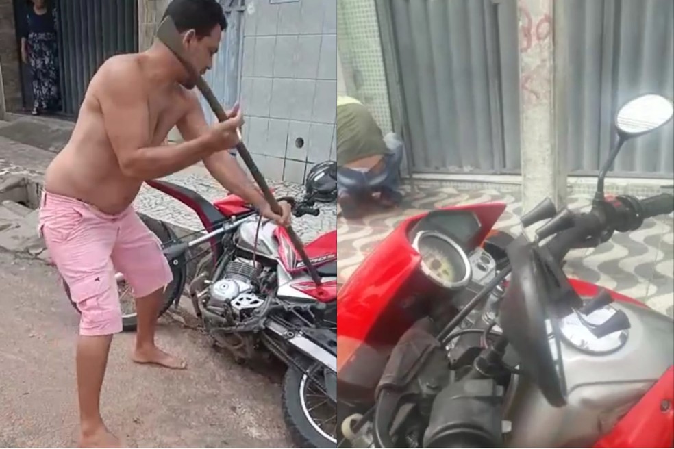 Morador foi filmado quebrando motocicleta de funcionário da Cagece no Cariri do Ceará. — Foto: Reprodução