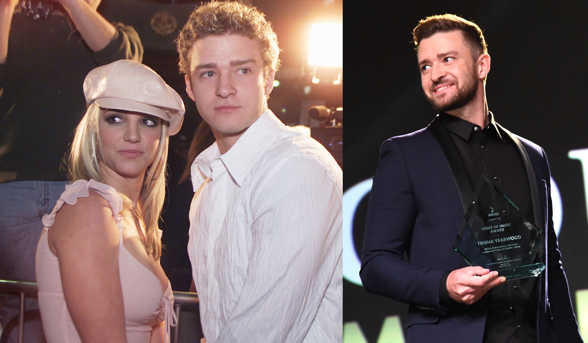 Justin Timberlake e Britney Spears em 2002. E Justin Timberlake em 2015 (Foto: Getty Images)